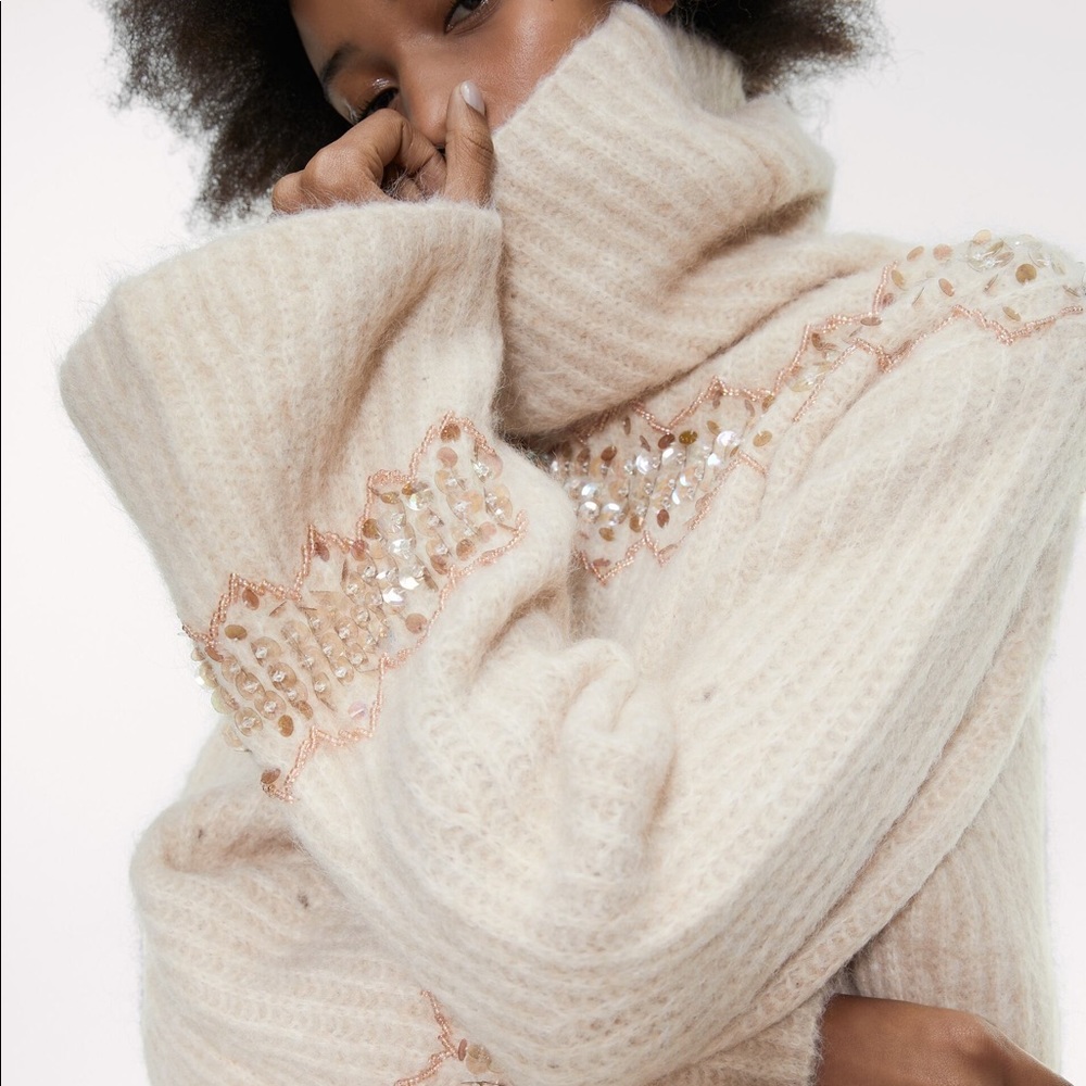 Zara Cream Embellished Turtleneck Sweater